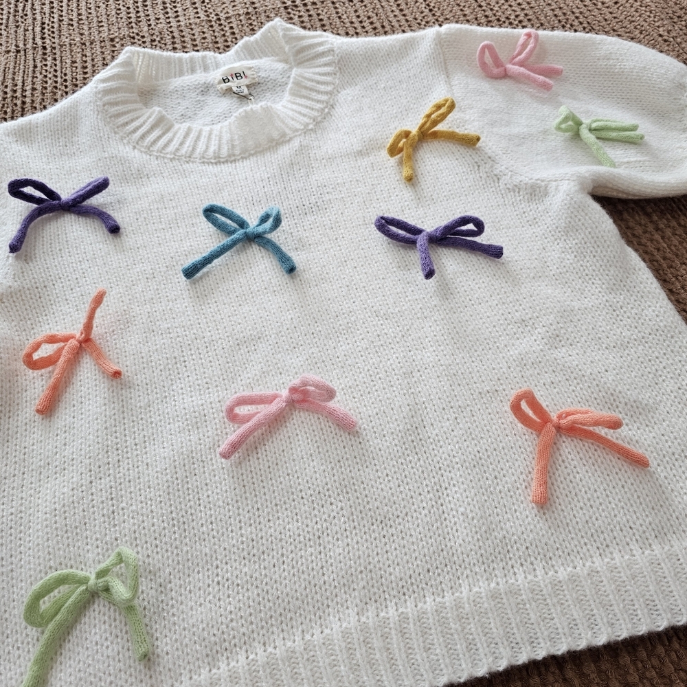 BiBi Bow Detail Puff Sleeve Sweater. Sz Medium, NWTs - Picture 5 of 14